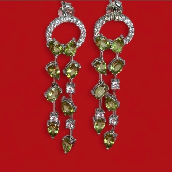 925 Sterling Silver Earrings 5cm with Natural Peridot Gem & CZ - Picture 3 of 8